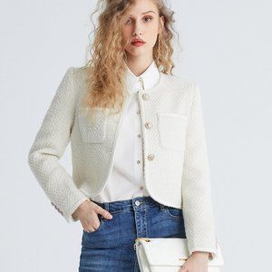 NWOT Urban Revivo Emilie Tweed Jacket Blazer - White / Vanilla  w. Gold Buttons